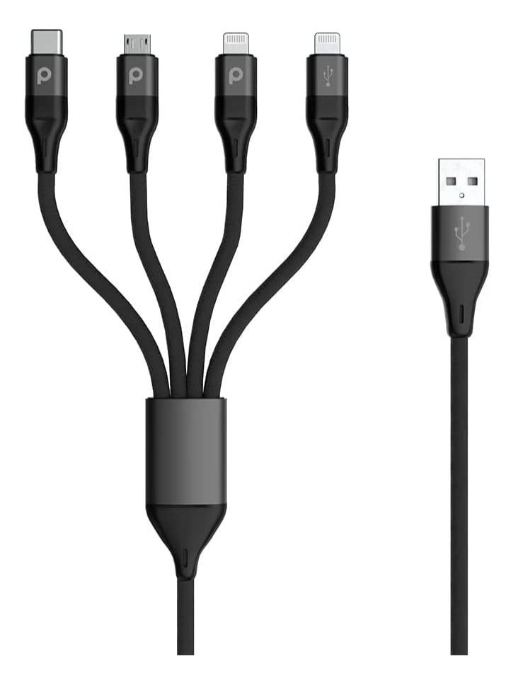 4 in 1 Aluminum Braided Cable 1.2M 2.4A Compatible for iPhone Lightning 2X / Micro USB/Type-C Port Devices | Fast Charging Connector | Supports 9V PD Charging Cable | Durable Cord - Black - Image 3
